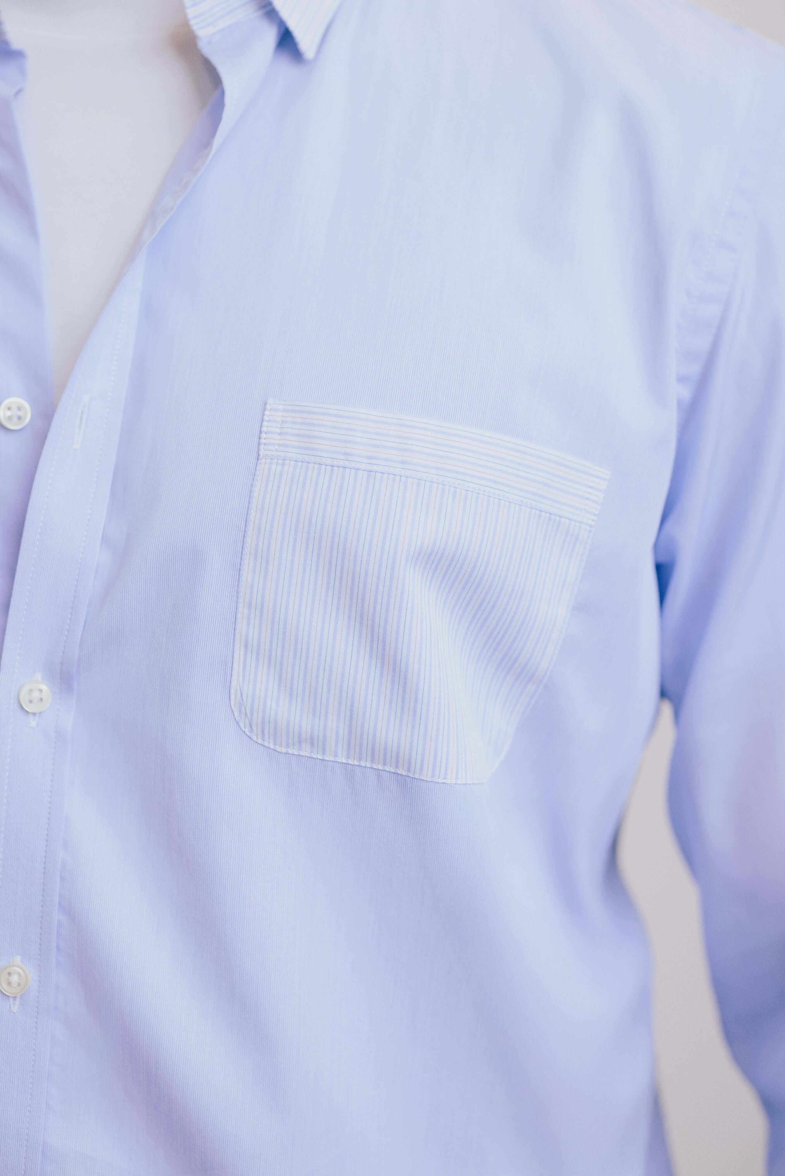 VARRO Rogers Sky Blue Patch Stripe Poplin Shirt — Close-up of pocket with contrast stripes on soft cotton fabric.