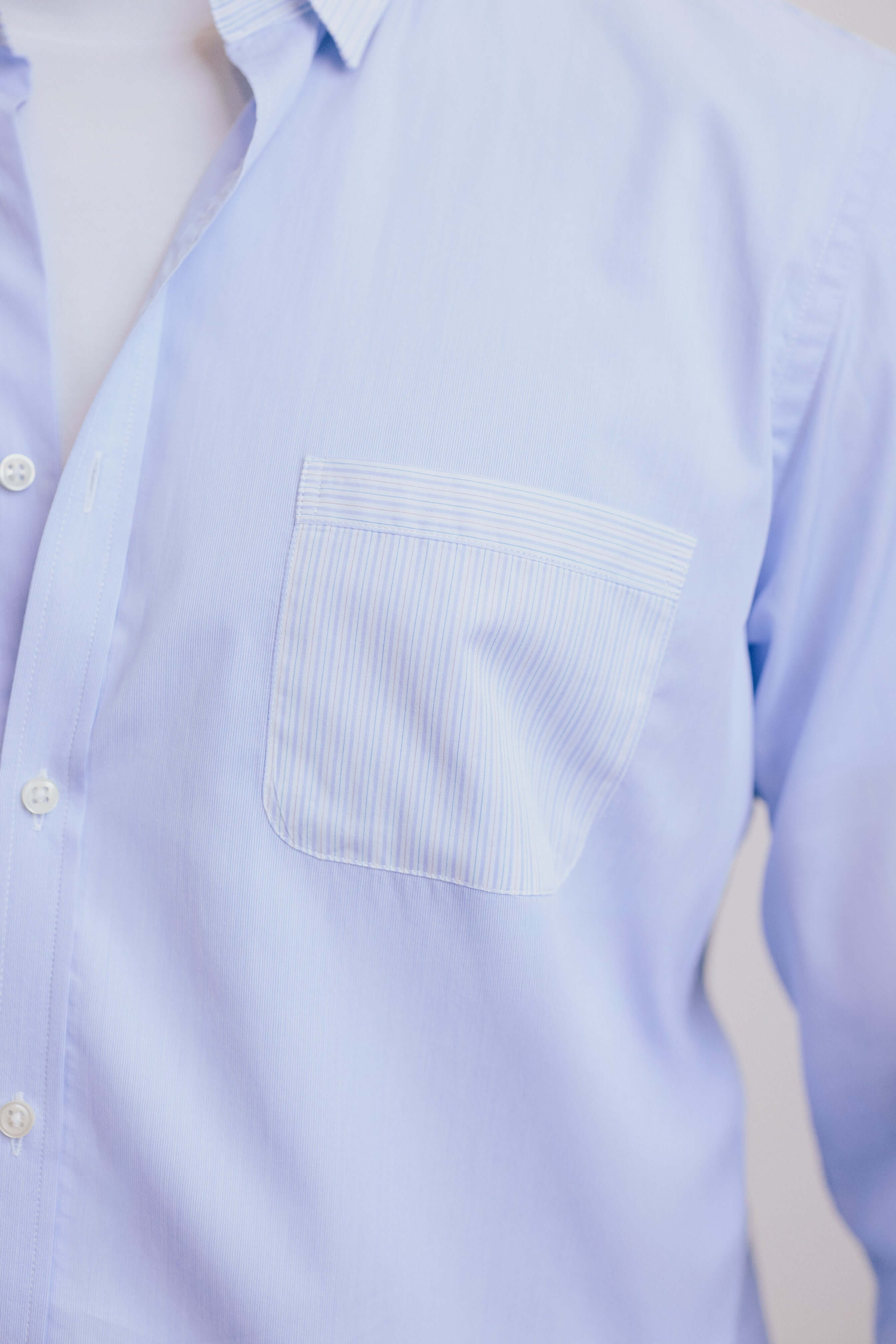 VARRO Rogers Sky Blue Patch Stripe Poplin Shirt — Close-up of pocket with contrast stripes on soft cotton fabric.