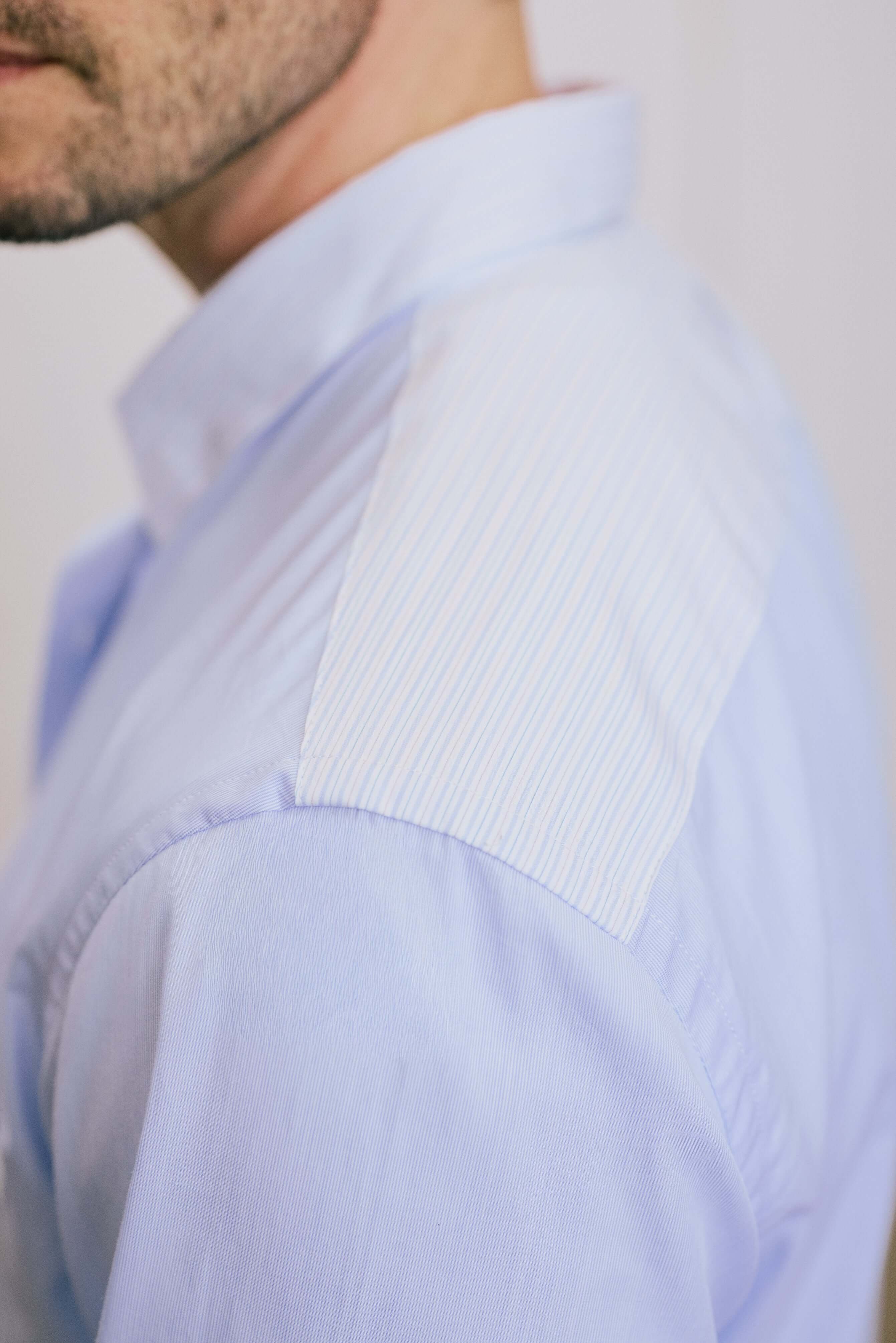 VARRO Rogers Sky Blue Patch Stripe Poplin Shirt — Side view highlighting contrast striped shoulder detail.
