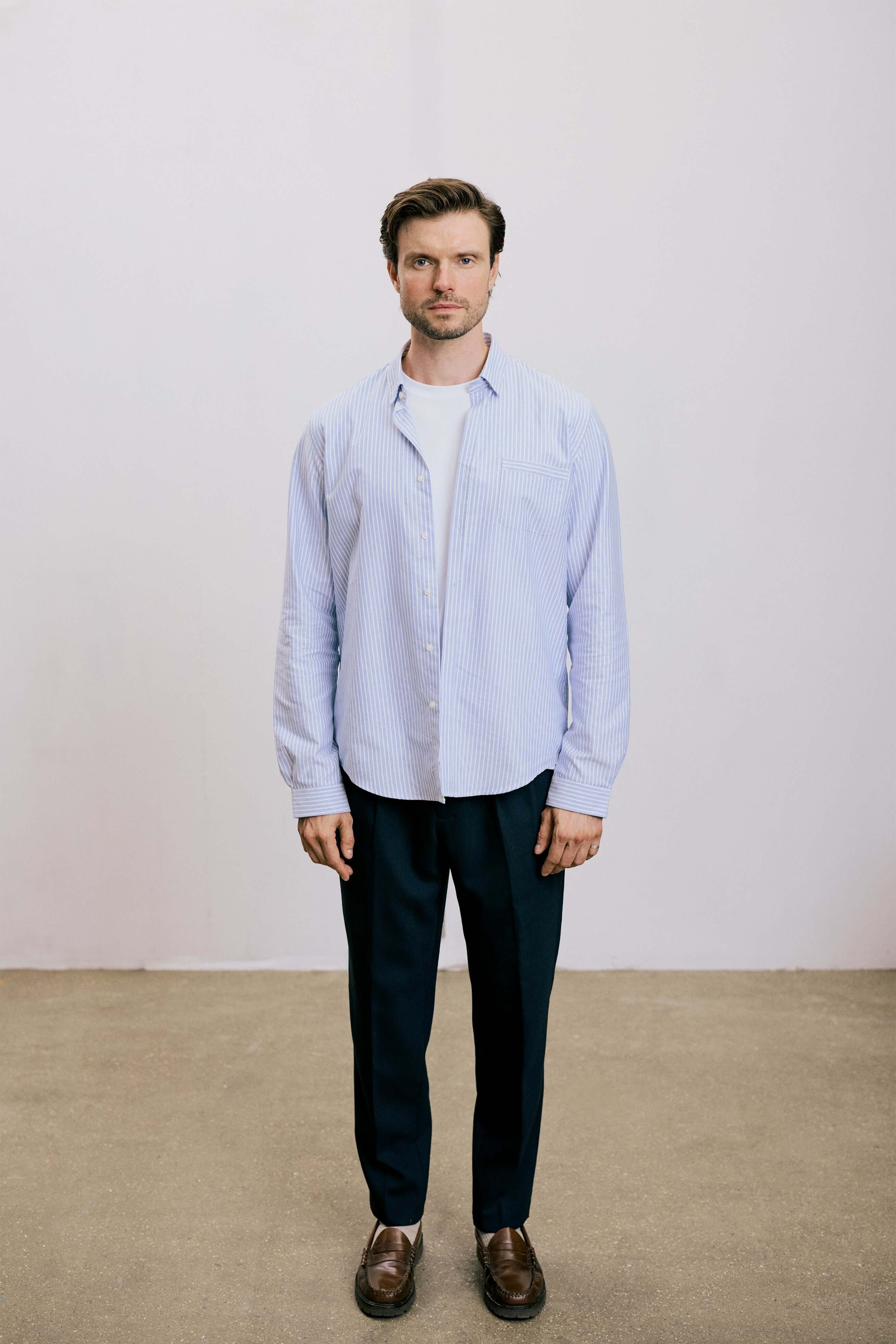 VARRO Keble Blue Stripe Oxford Shirt — front view on model, featuring long sleeves and hidden button-down collar.