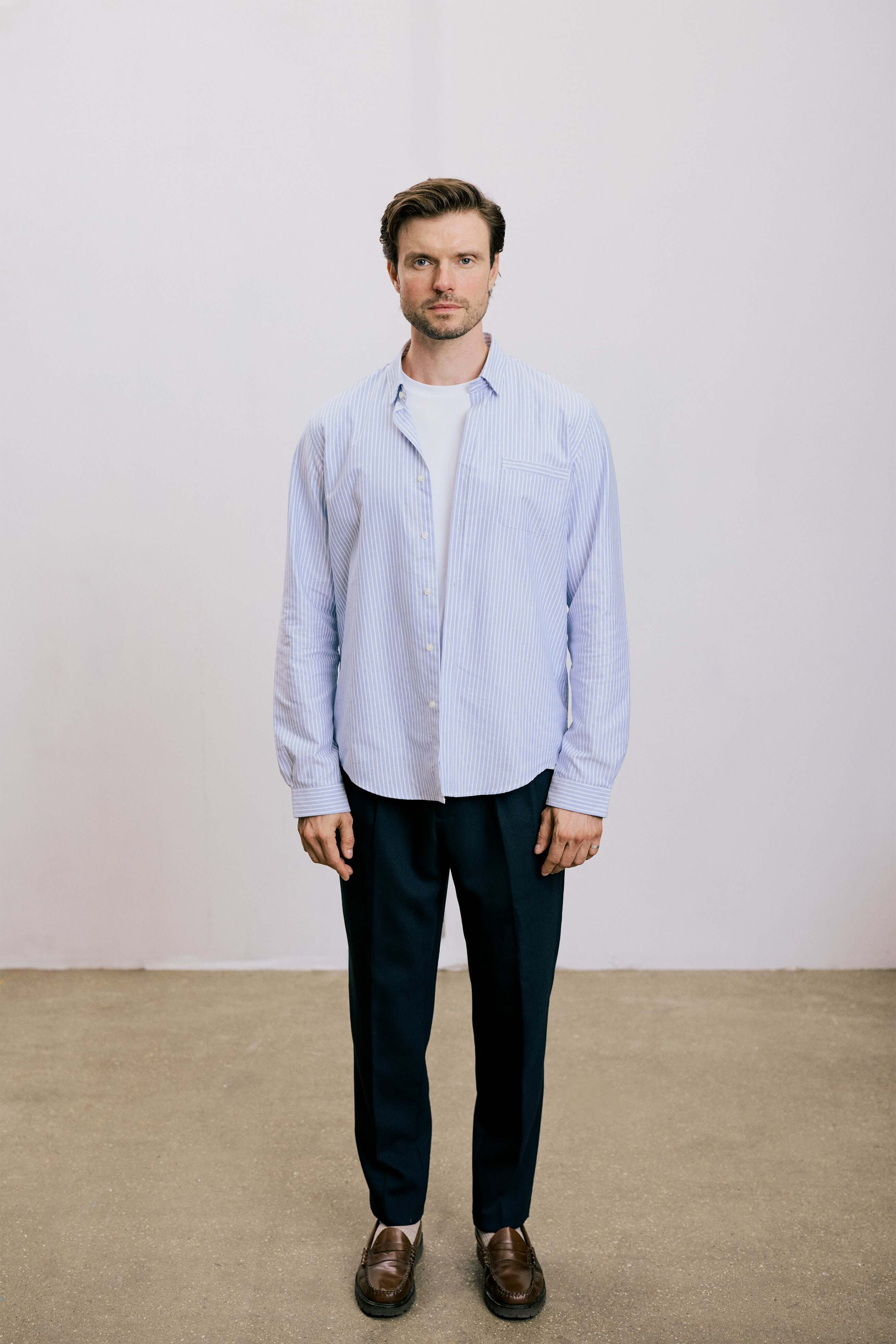 VARRO Keble Blue Stripe Oxford Shirt — front view on model, featuring long sleeves and hidden button-down collar.