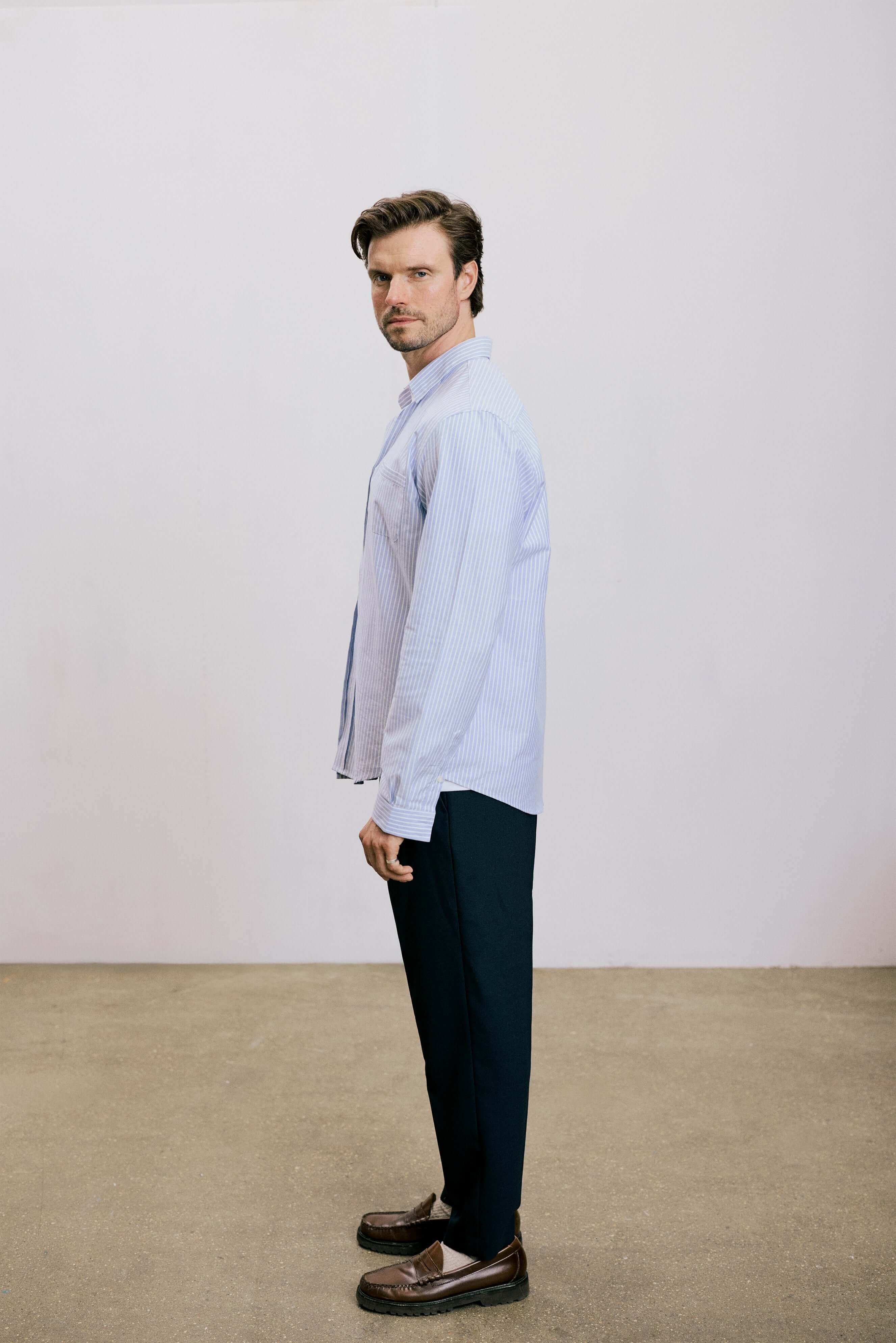 VARRO Keble Blue Stripe Oxford Shirt — Side view of men’s relaxed fit, long sleeve with hidden button-down collar in premium cotton.