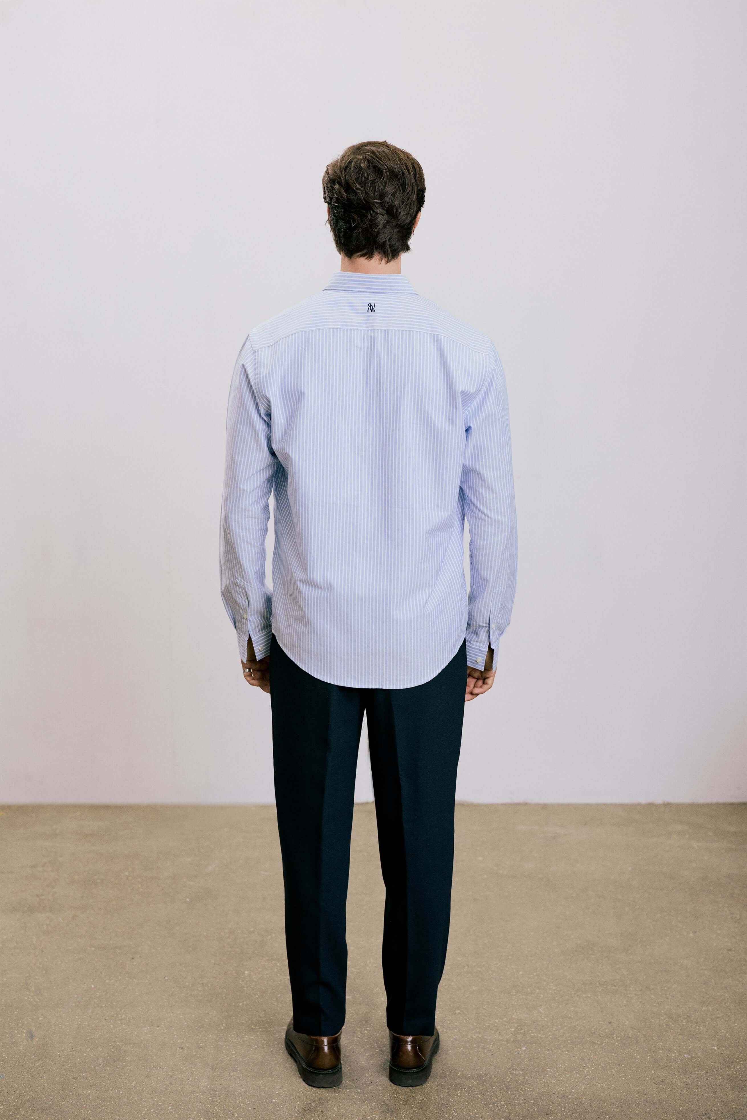 VARRO Keble Blue Stripe Oxford Shirt — Back view showcasing the relaxed fit and hidden button-down collar.