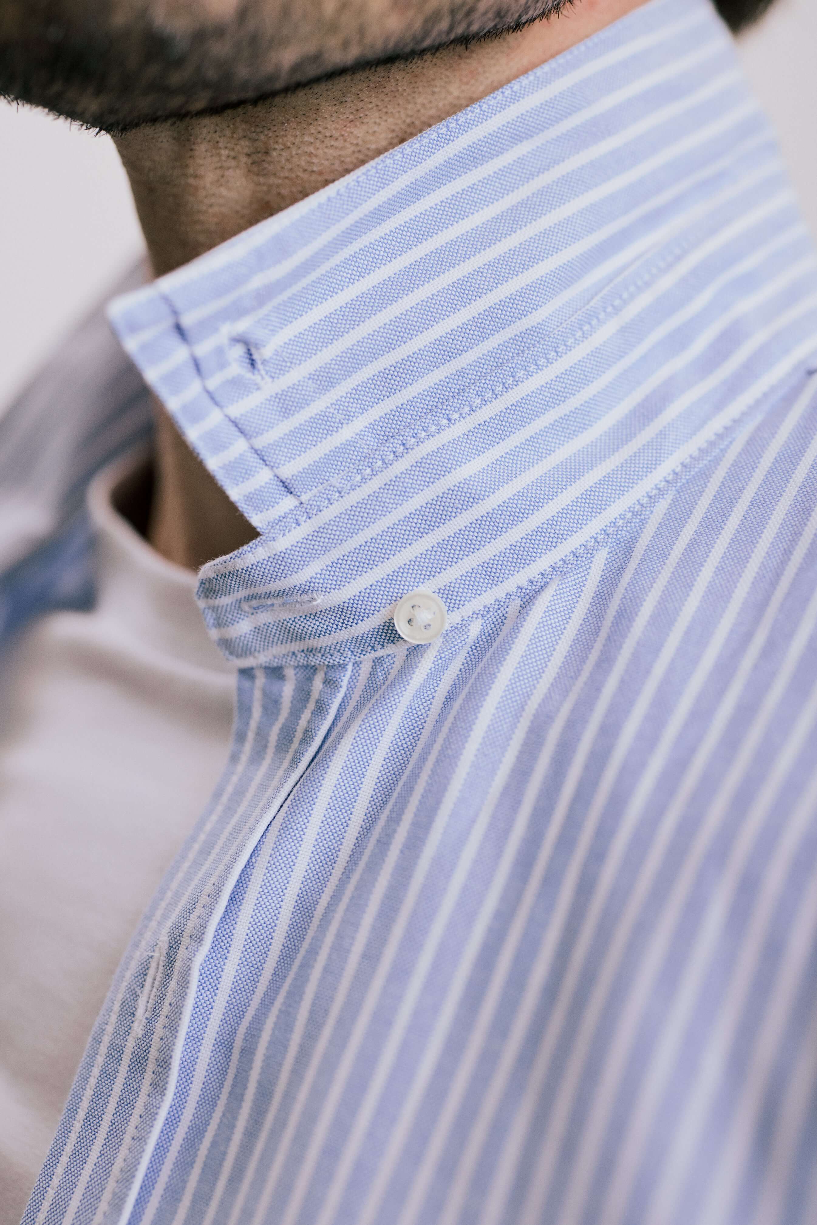 VARRO Keble Blue Stripe Oxford Shirt — Close-up of hidden button-down collar with fine blue and white stripes.