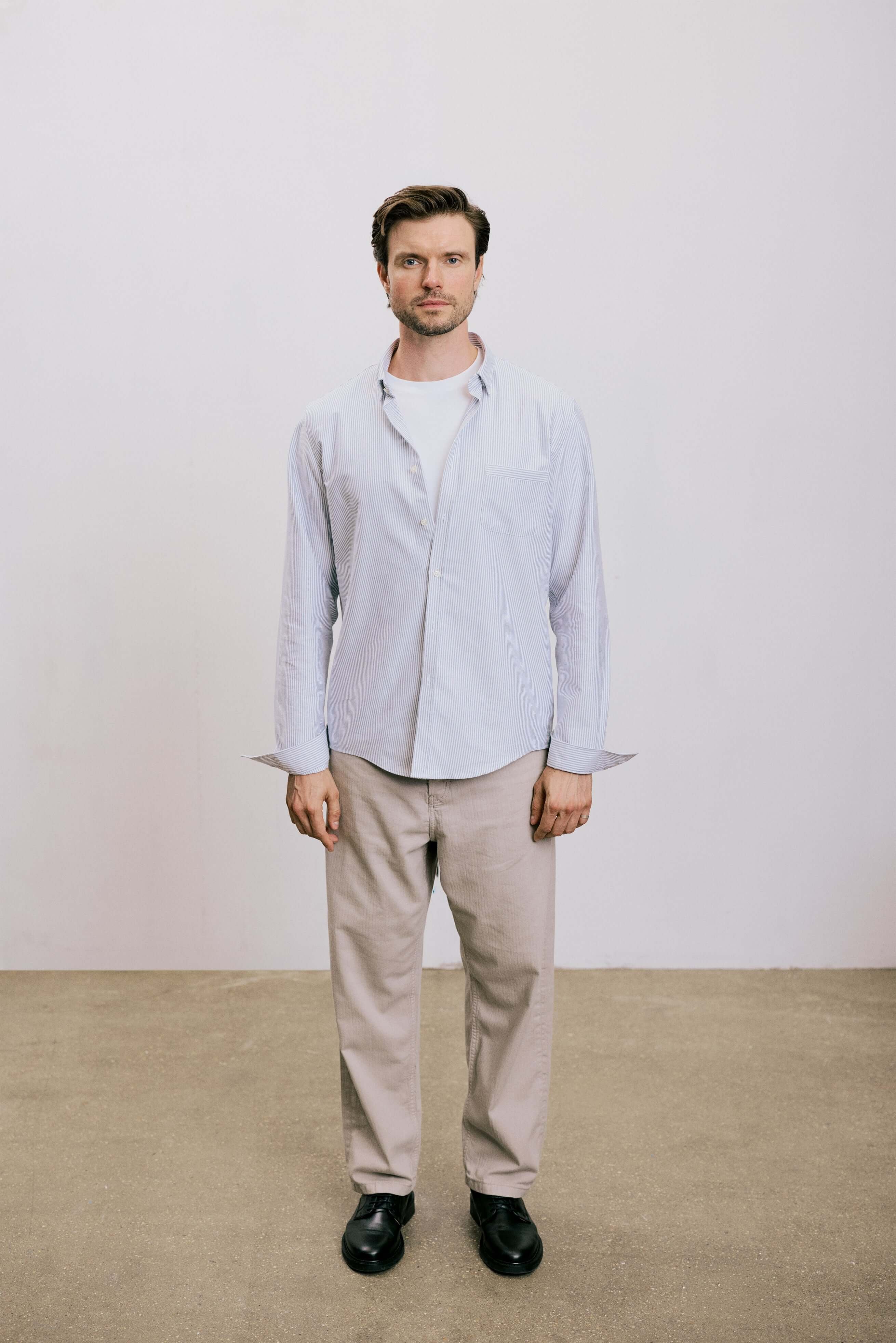 VARRO Keble Blue Stripe Oxford Shirt — Front view on model wearing relaxed fit, button-down collar, long sleeves.