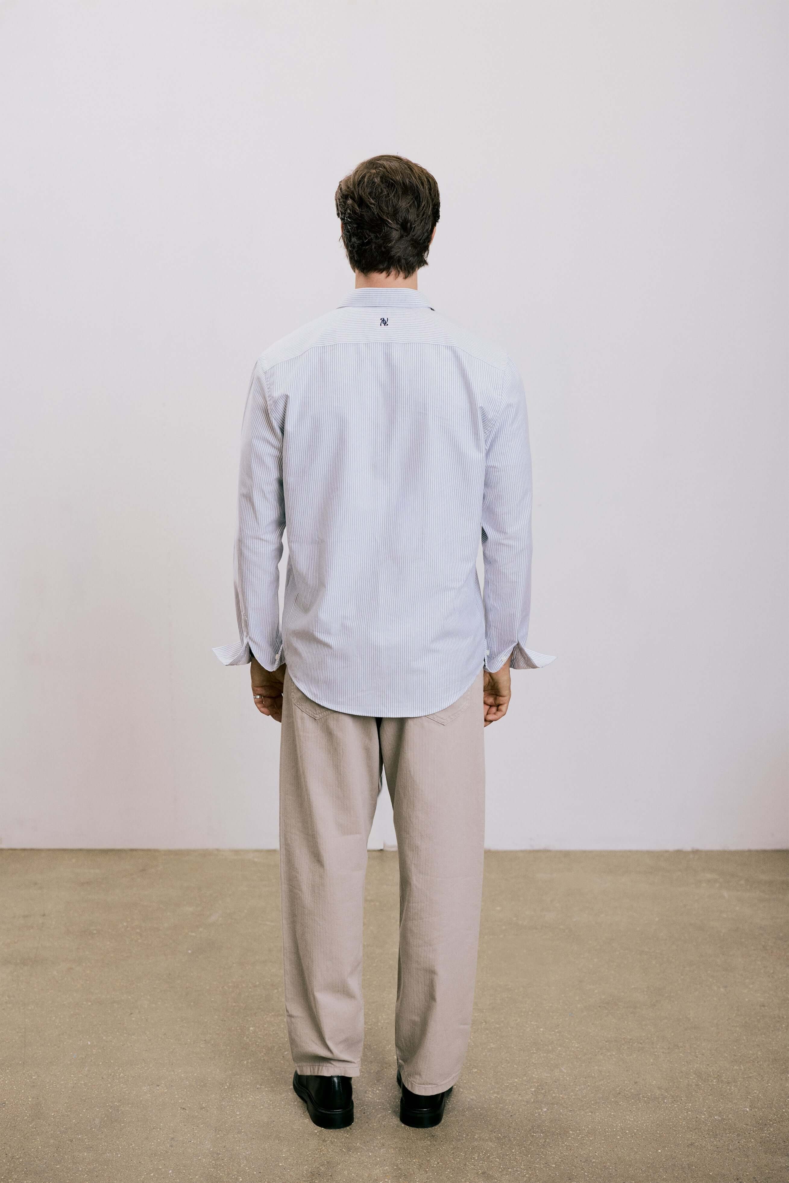 VARRO Keble Navy Stripe Oxford Shirt — Back view showcasing the hidden button-down collar and relaxed fit with long sleeves.