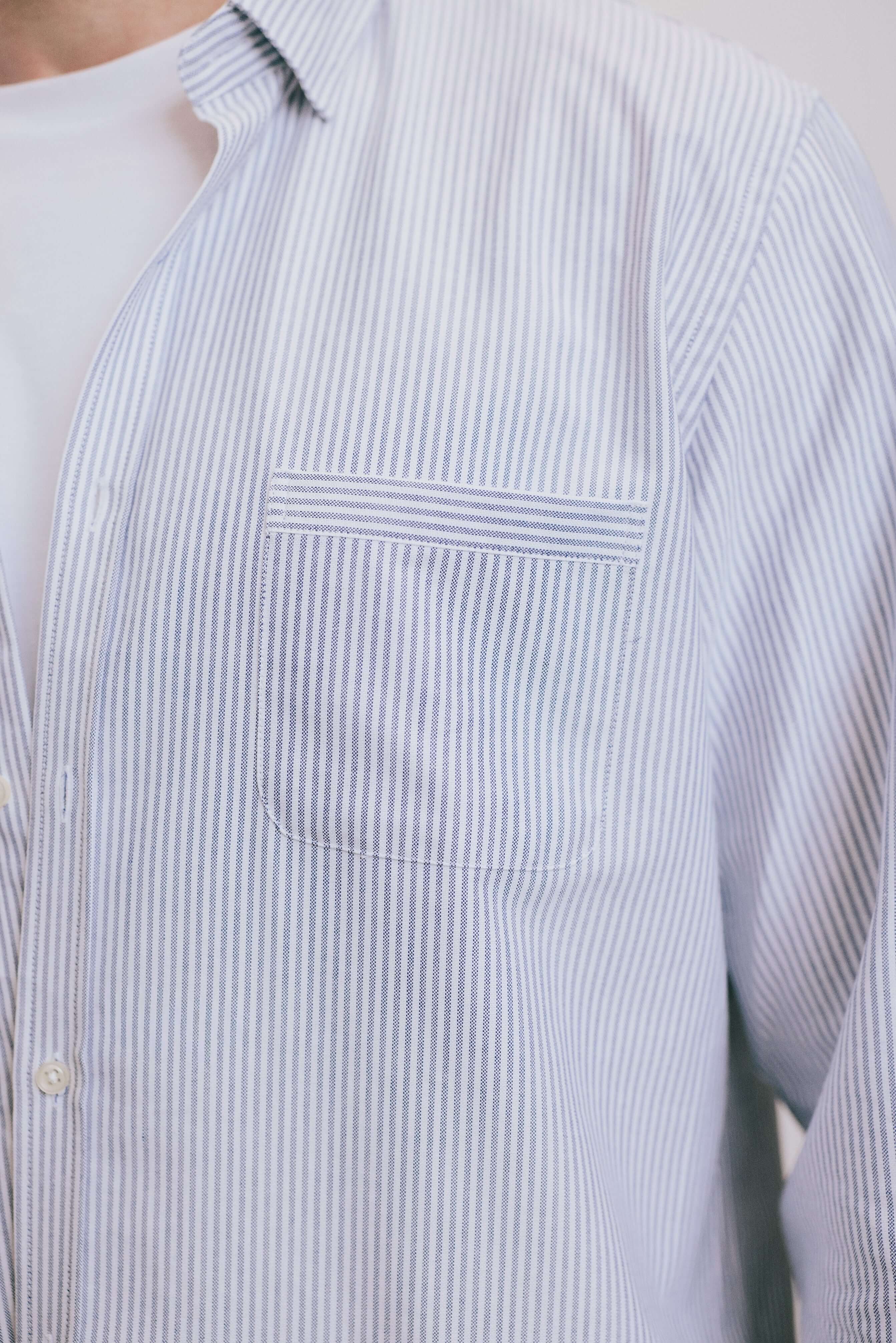 VARRO Keble Blue Stripe Oxford Shirt — Close-up of the hidden button-down collar and pocket detail on the front.