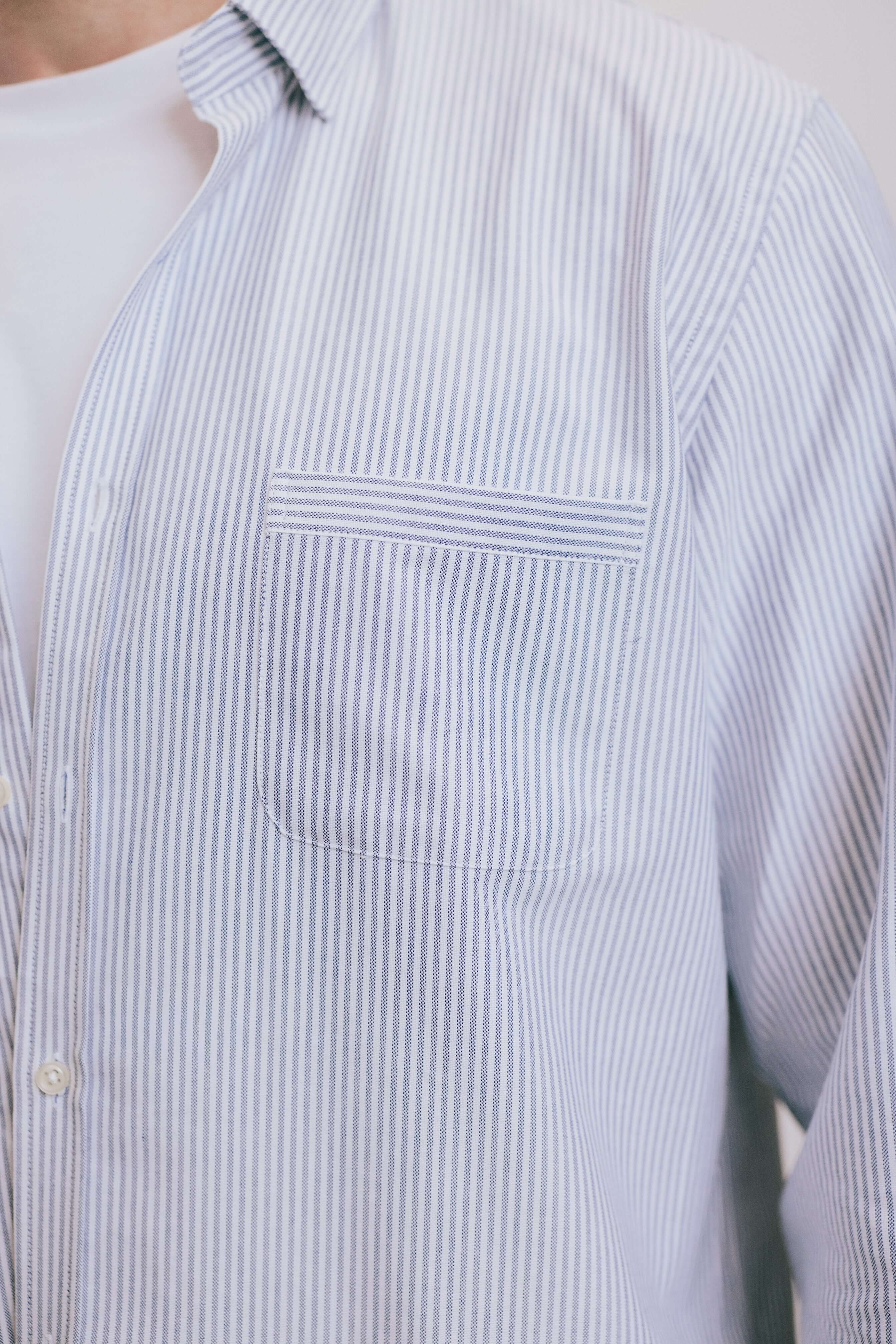 VARRO Keble Blue Stripe Oxford Shirt — Close-up of the hidden button-down collar and pocket detail on the front.