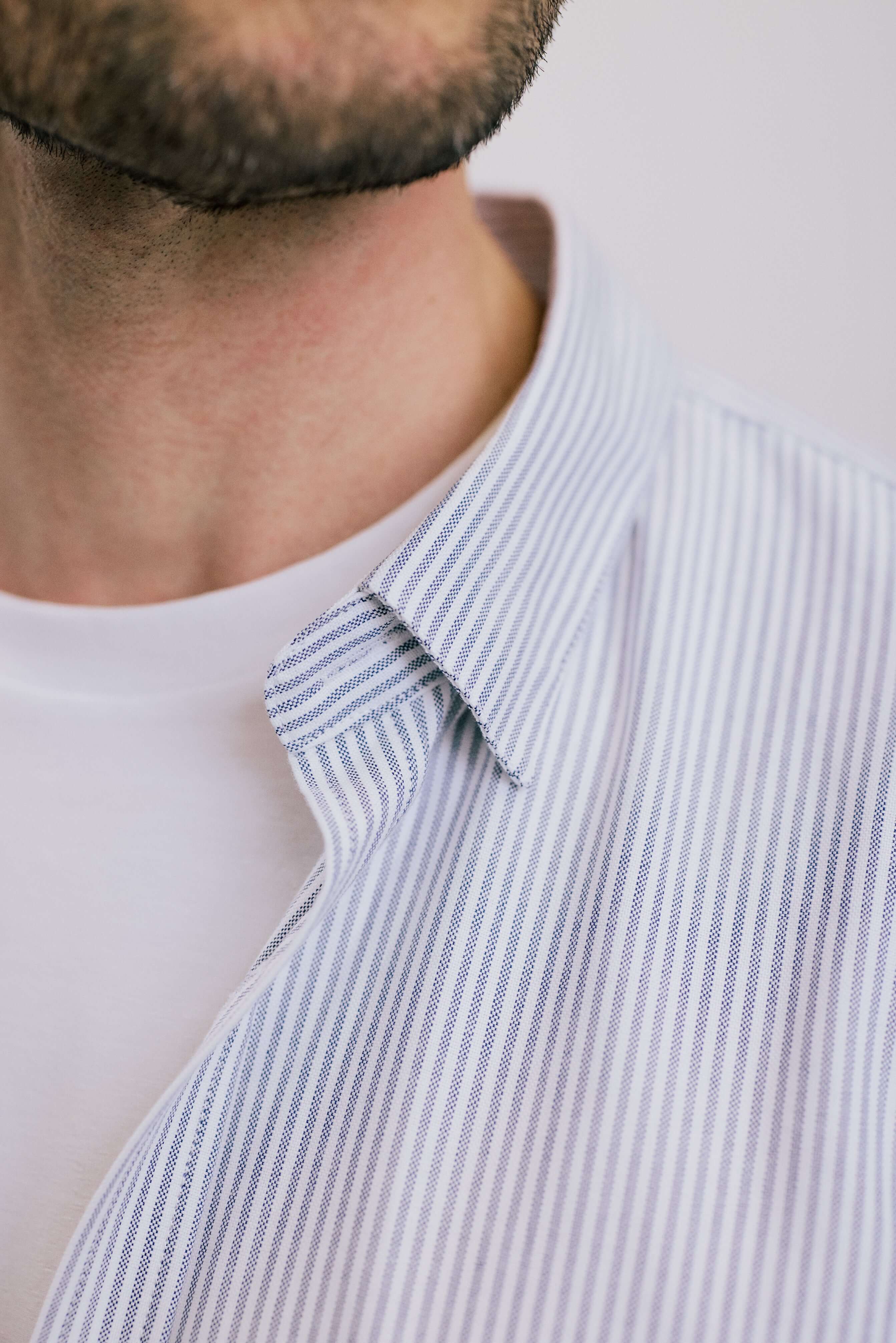 VARRO Keble Blue Stripe Oxford Shirt — Close-up of hidden button-down collar and relaxed fit detailing.