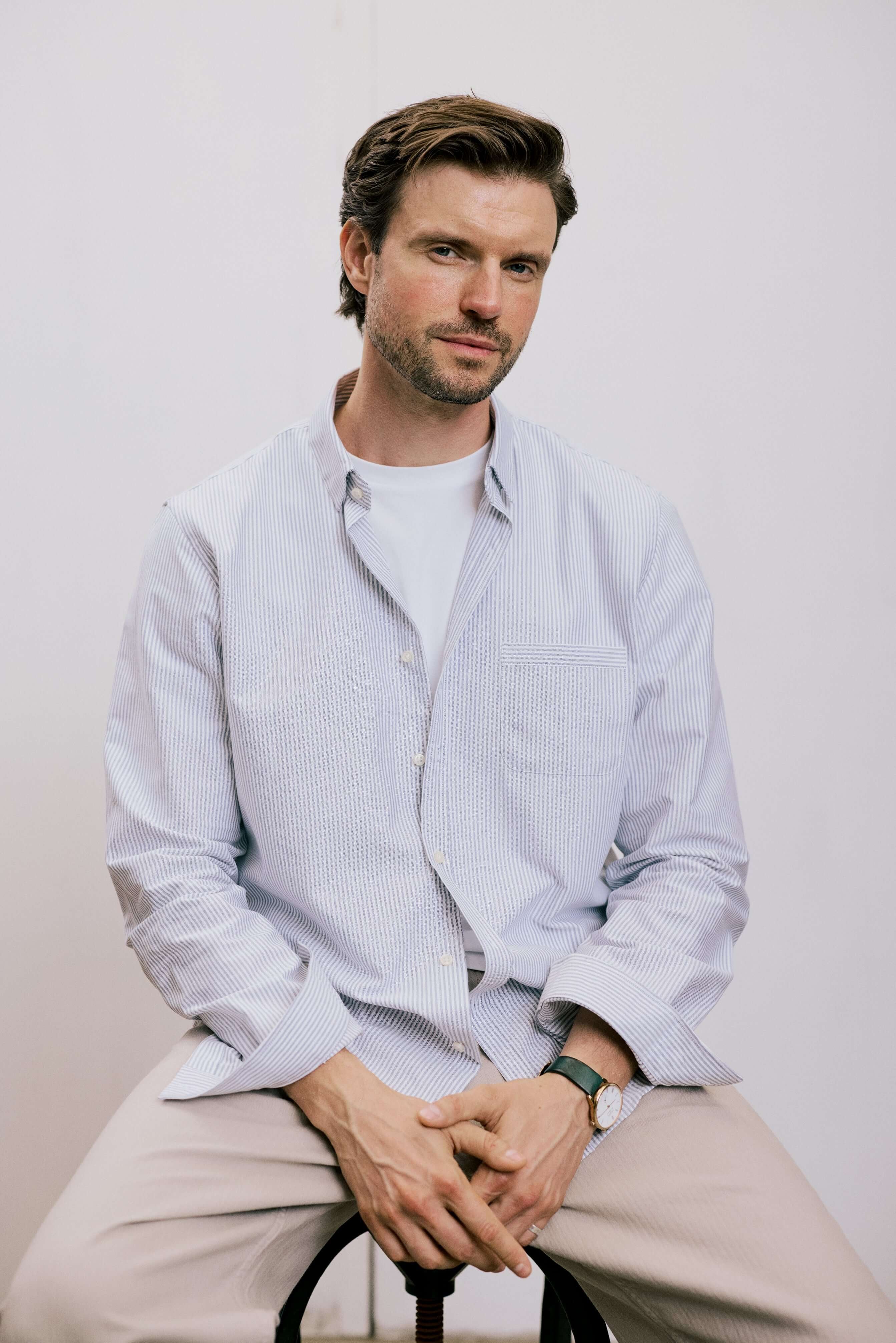 VARRO Keble Blue Stripe Oxford Shirt — front view on model, showcasing hidden button-down collar and relaxed fit.