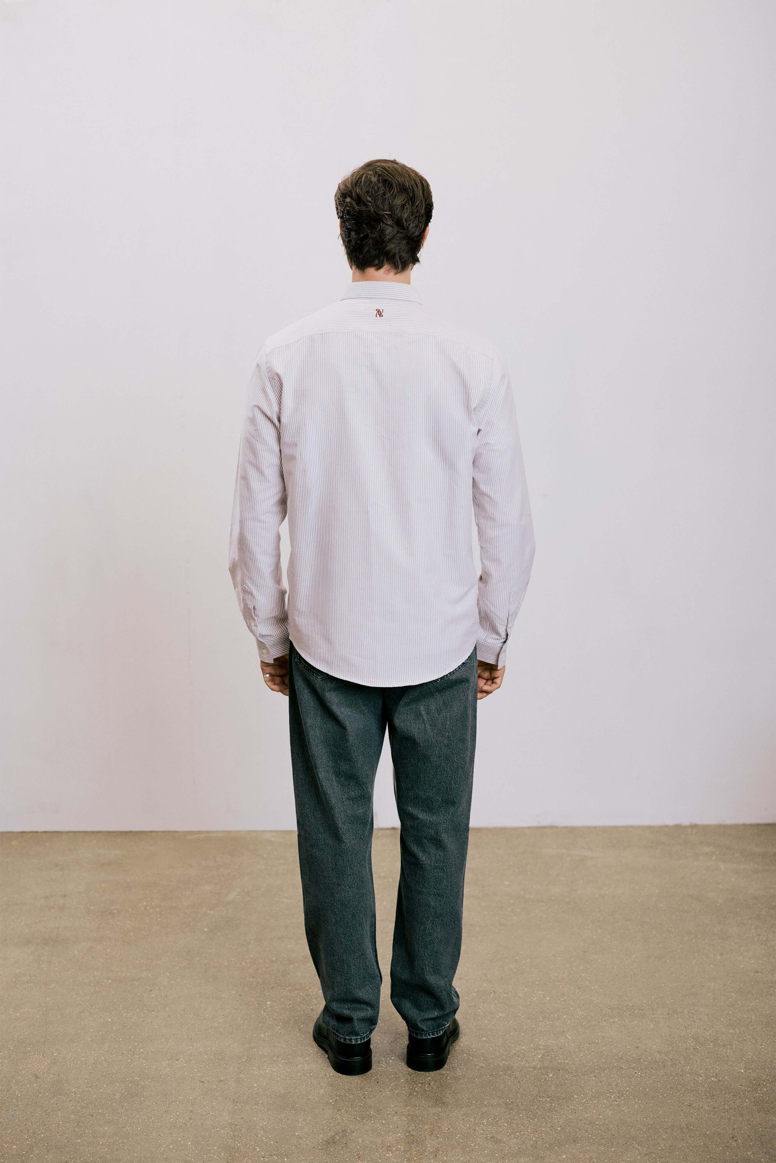 VARRO Keble White Stripe Oxford Shirt — Back view showcasing hidden button-down collar and relaxed fit.