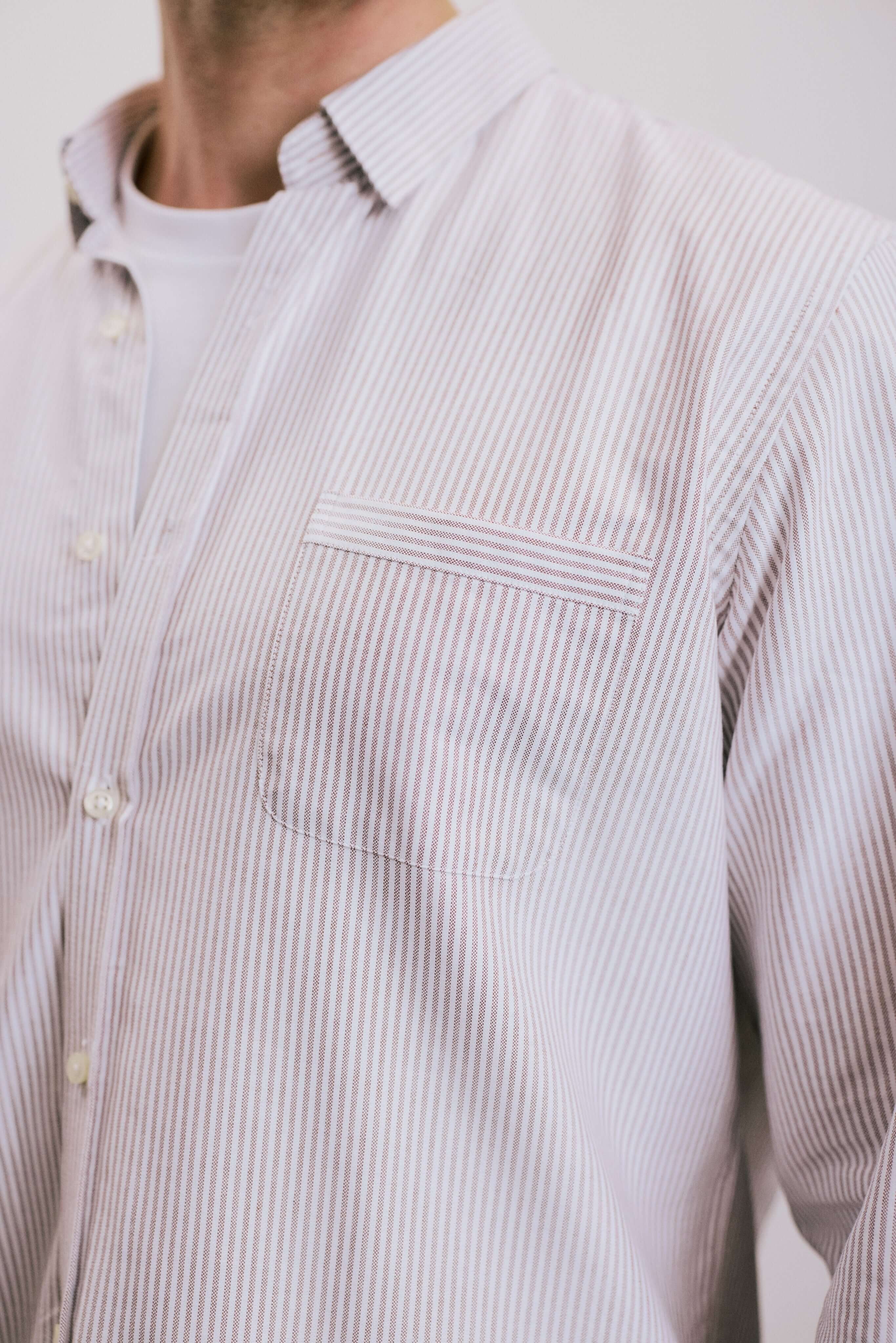 VARRO Keble Blue Stripe Oxford Shirt — Close-up of hidden button-down collar and pocket detail on relaxed fit.