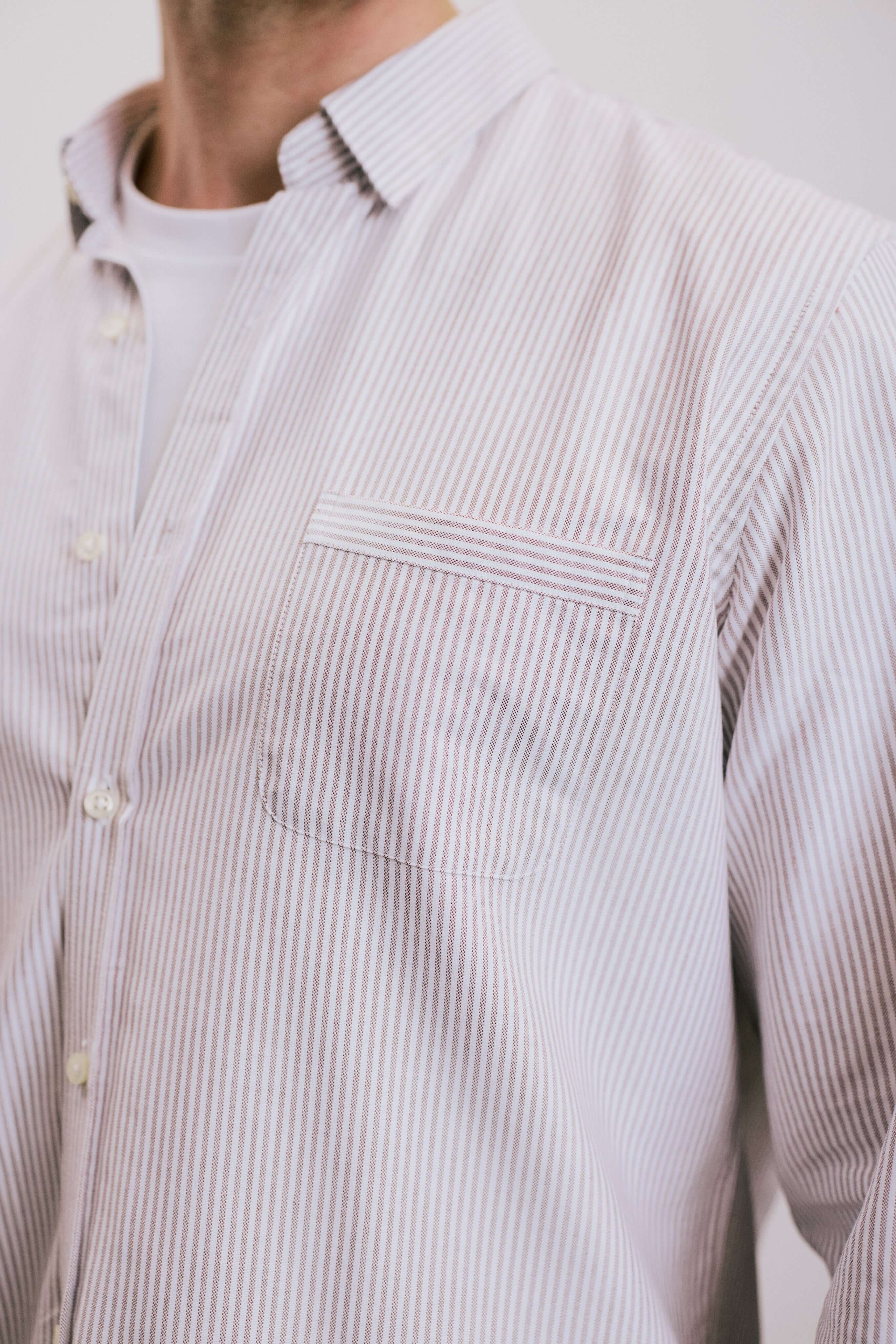 VARRO Keble Blue Stripe Oxford Shirt — Close-up of hidden button-down collar and pocket detail on relaxed fit.