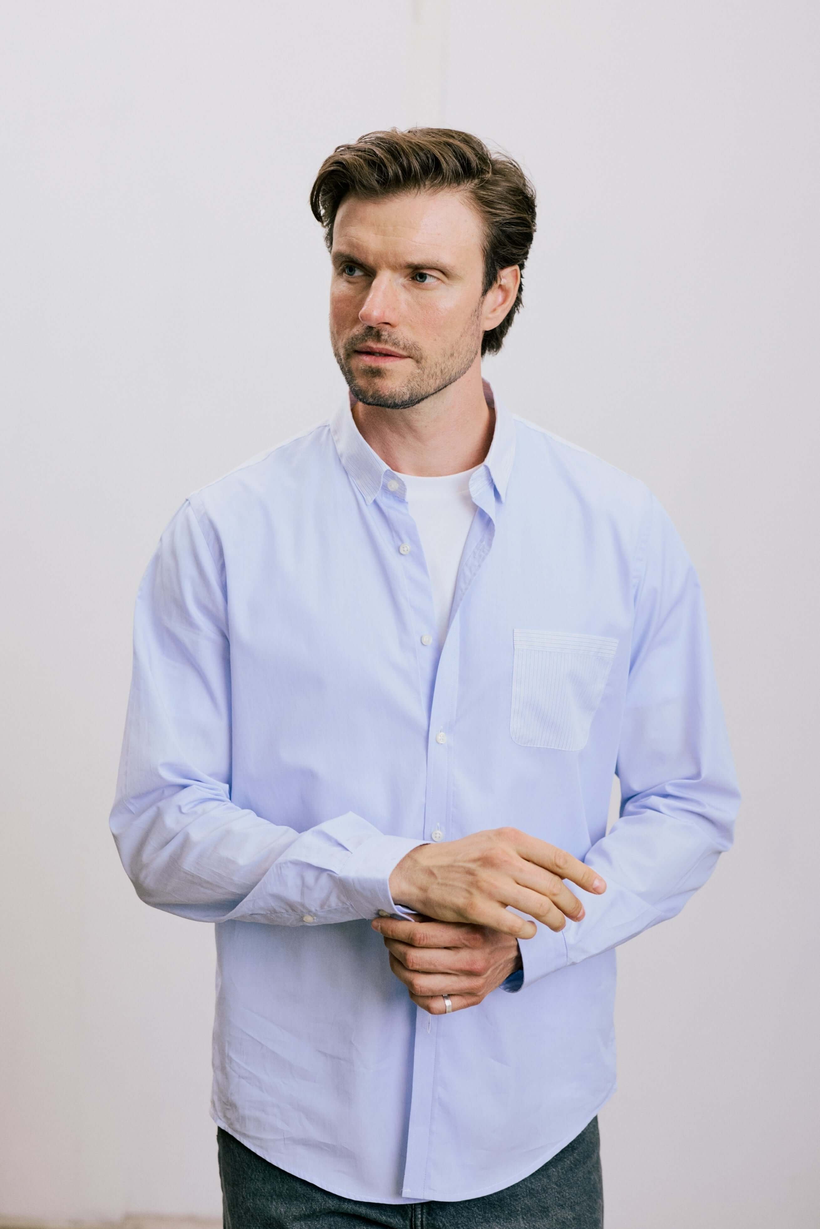 VARRO Rogers Sky Blue Patch Stripe Poplin Shirt — front view showcasing long sleeves, contrast collar, and pocket detail.