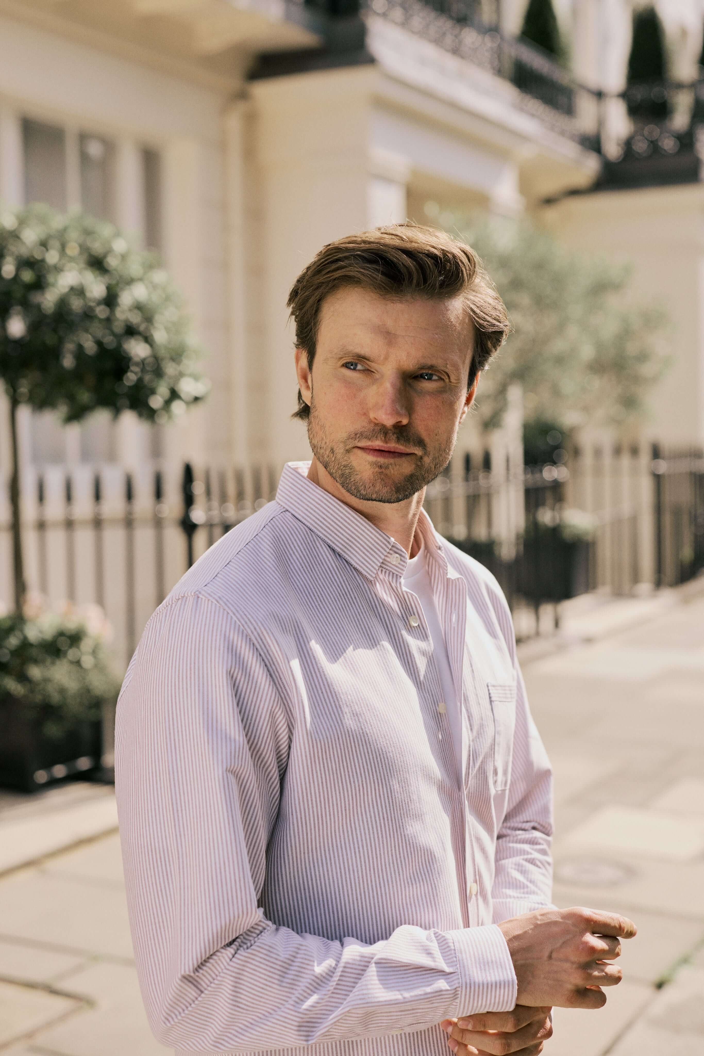 VARRO Keble Blue Stripe Oxford Shirt — front view, relaxed fit, hidden button-down collar, long sleeves.