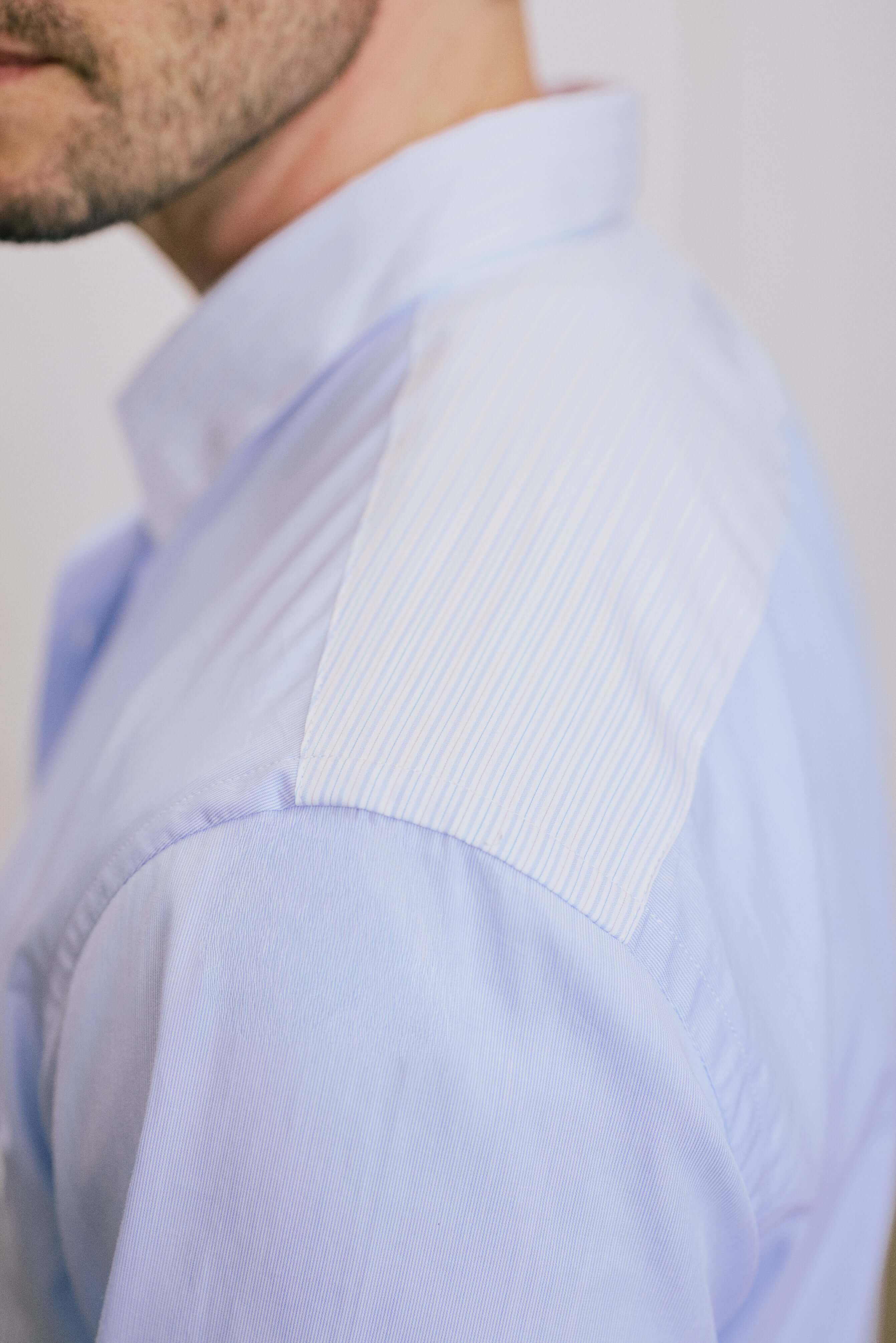 VARRO Rogers Sky Blue Patch Stripe Poplin Shirt — Side view highlighting contrast striped shoulder detail.