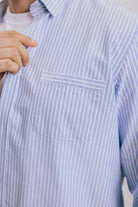 VARRO Keble Blue Stripe Oxford Shirt — Close-up of the pocket detail on relaxed fit long sleeve shirt.