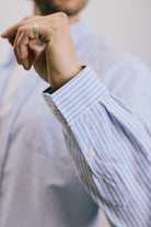 VARRO Keble Blue Stripe Oxford Shirt — close-up of long sleeve with hidden button-down collar and fine stripes.