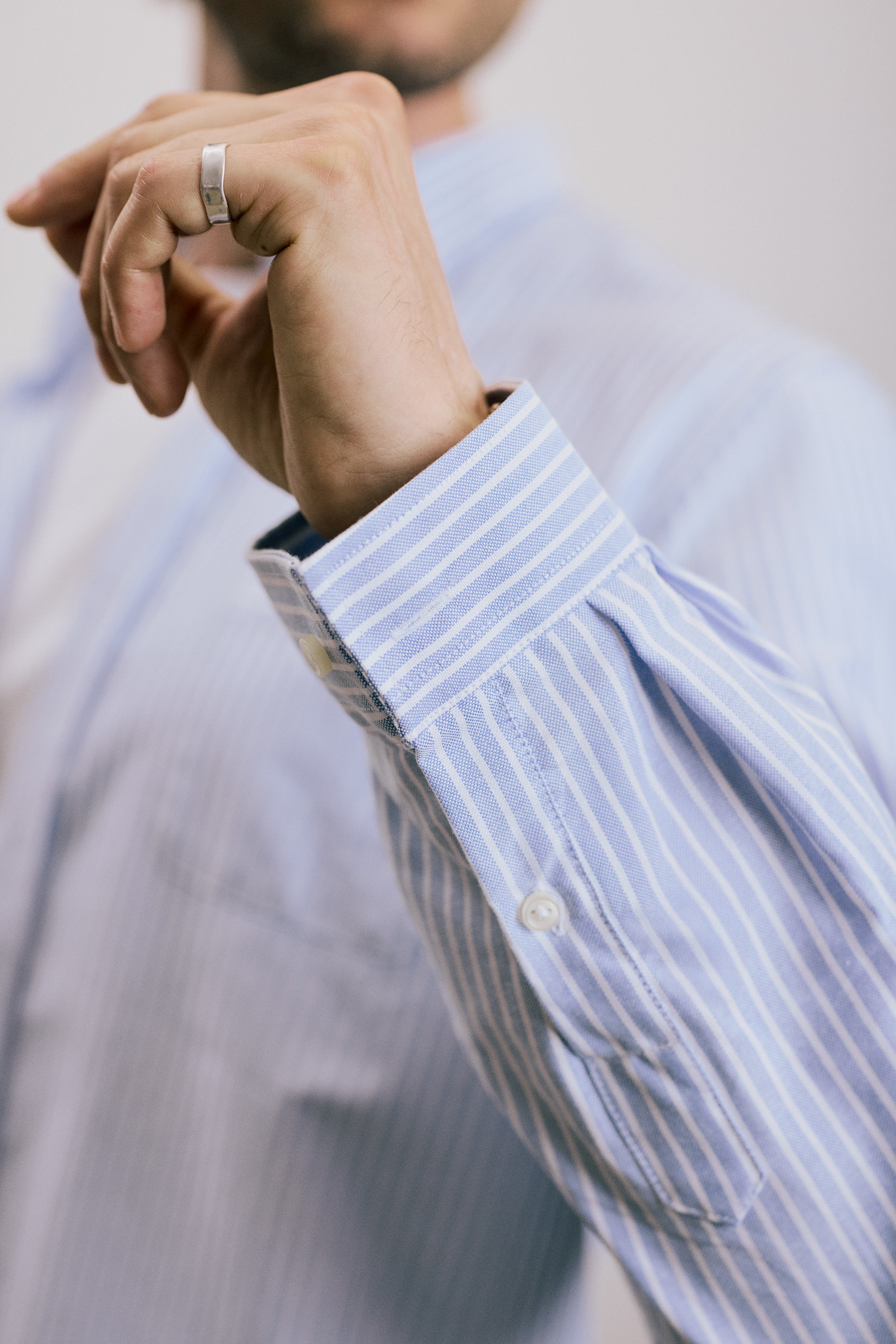VARRO Keble Blue Stripe Oxford Shirt — close-up of long sleeve with hidden button-down collar and fine stripes.