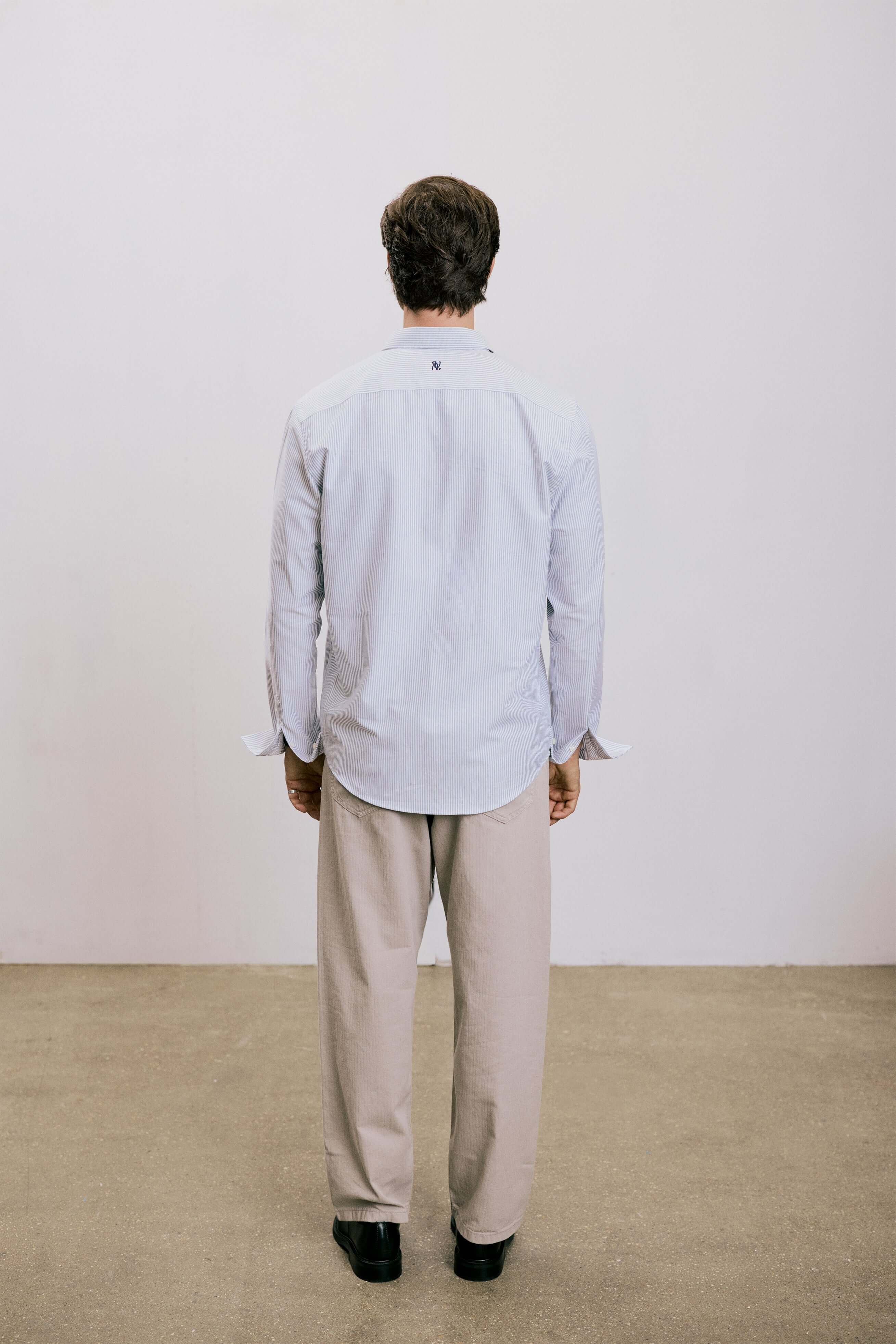 VARRO Keble Navy Stripe Oxford Shirt — Back view showcasing the hidden button-down collar and relaxed fit with long sleeves.