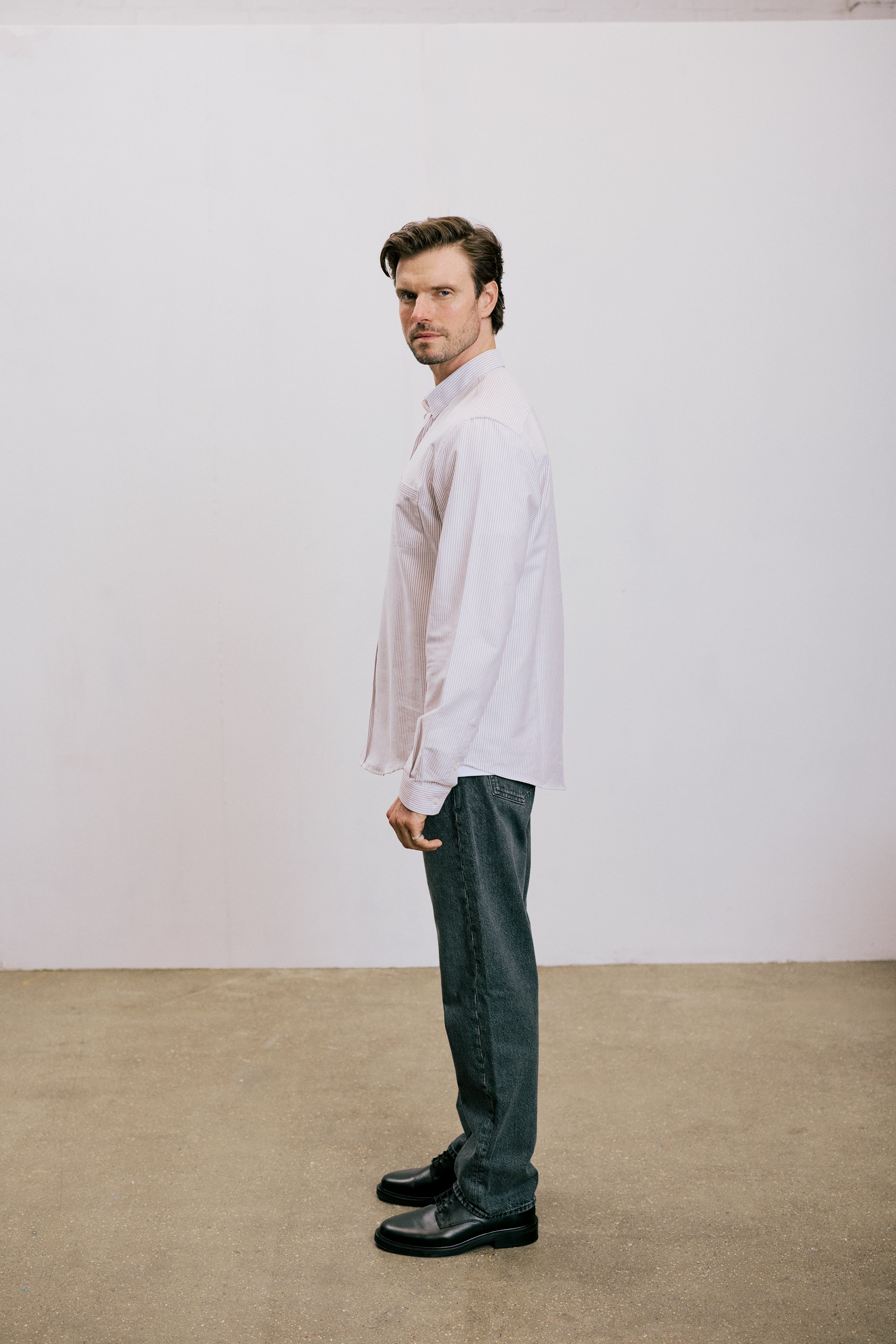 VARRO Keble Blue Stripe Oxford Shirt — Side view showcasing relaxed fit, hidden button-down collar, and premium cotton.