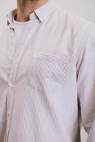 VARRO Keble Blue Stripe Oxford Shirt — Close-up of hidden button-down collar and pocket detail on relaxed fit.