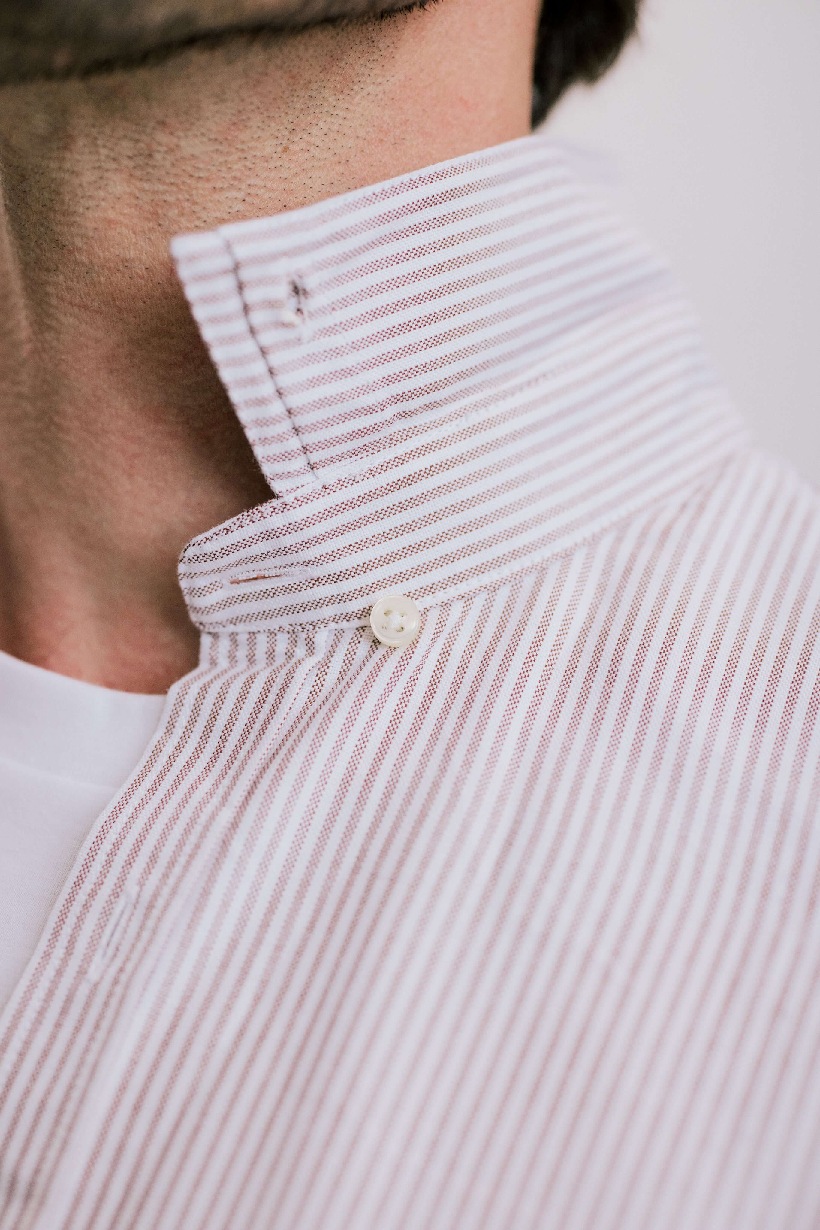 VARRO Keble Blue Stripe Oxford Shirt — Detail of hidden button-down collar and subtle stripes, showcasing relaxed fit.