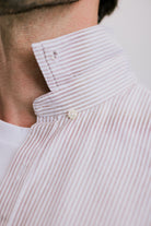 VARRO Keble Blue Stripe Oxford Shirt — Detail of hidden button-down collar and subtle stripes, showcasing relaxed fit.