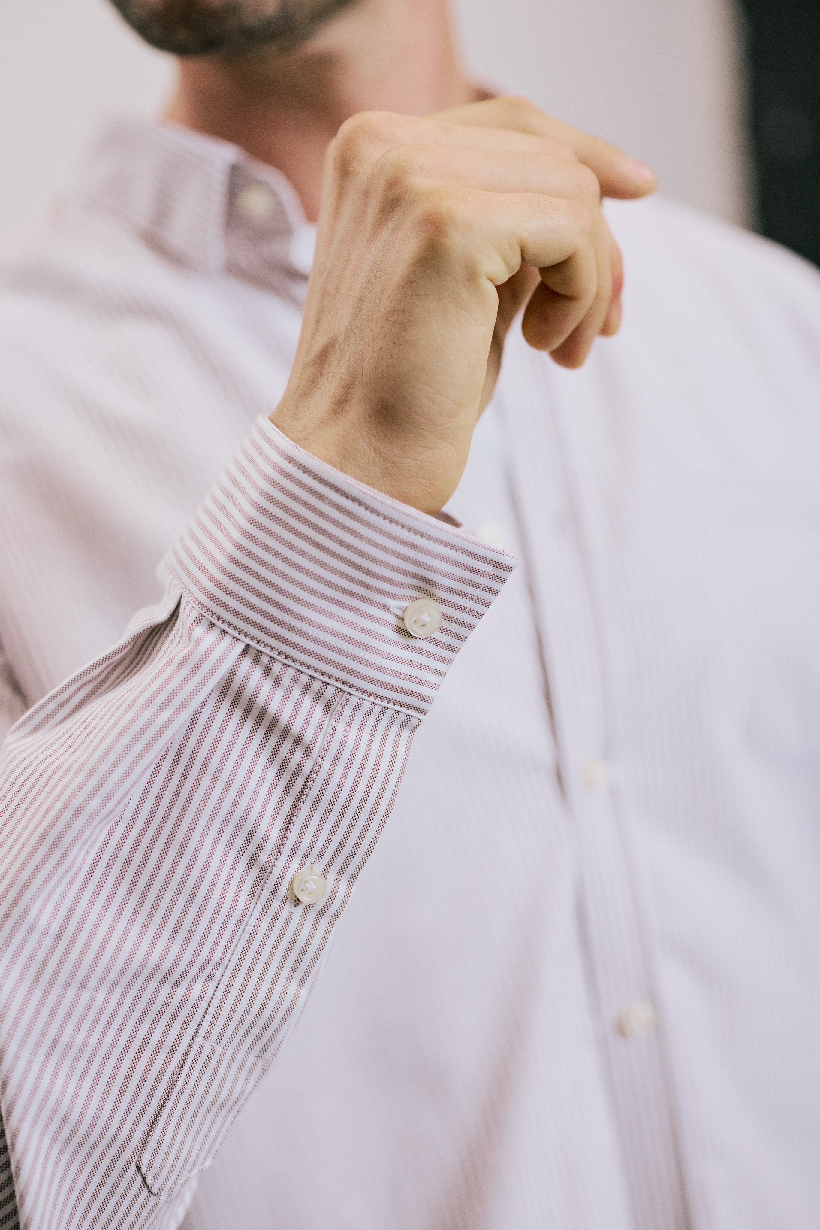 VARRO Keble Blue Stripe Oxford Shirt — Close-up of long sleeve cuff with subtle stripes and hidden button-down collar.