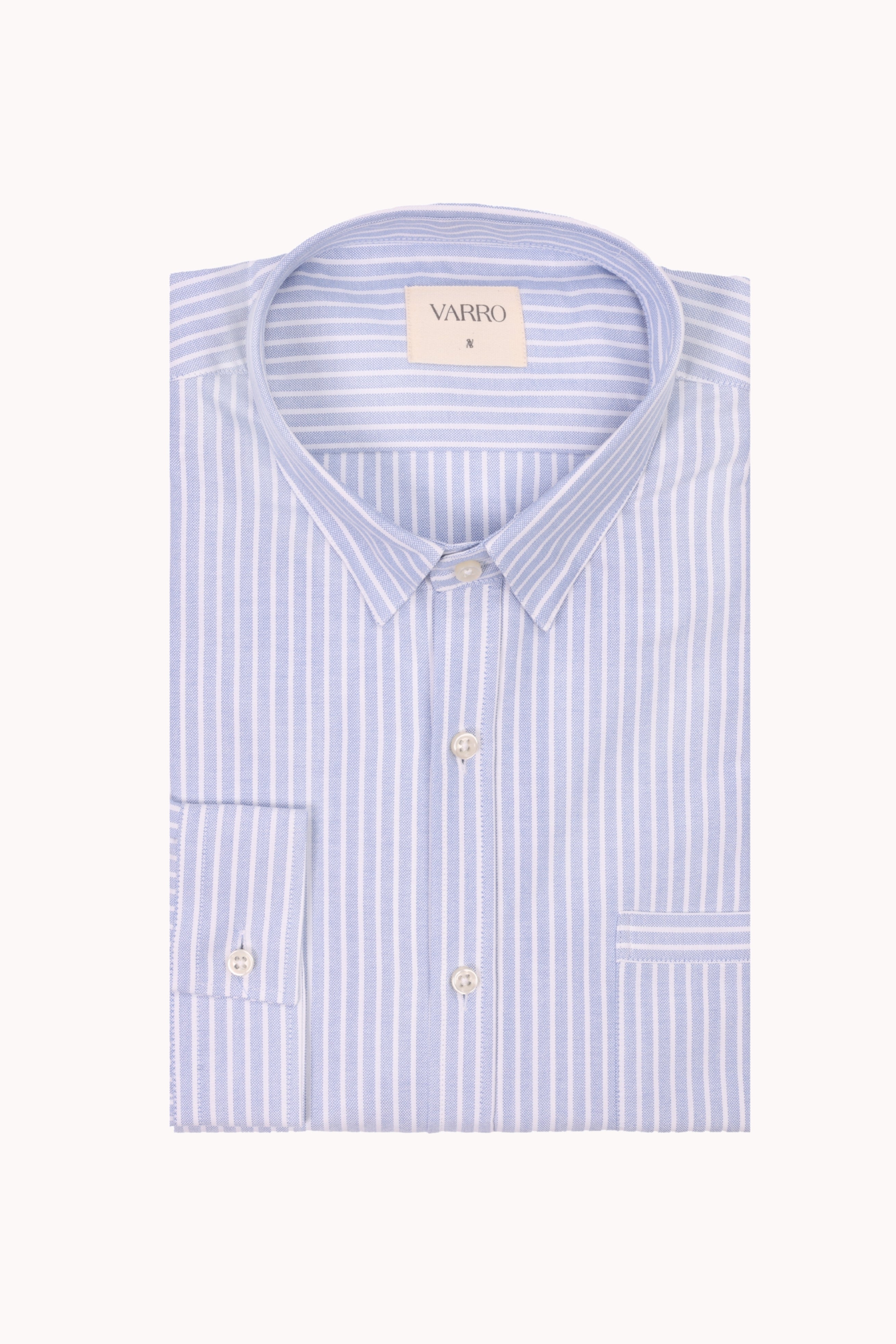 VARRO Keble Blue Stripe Oxford Shirt — Front view featuring hidden button-down collar and relaxed fit with vertical stripes.