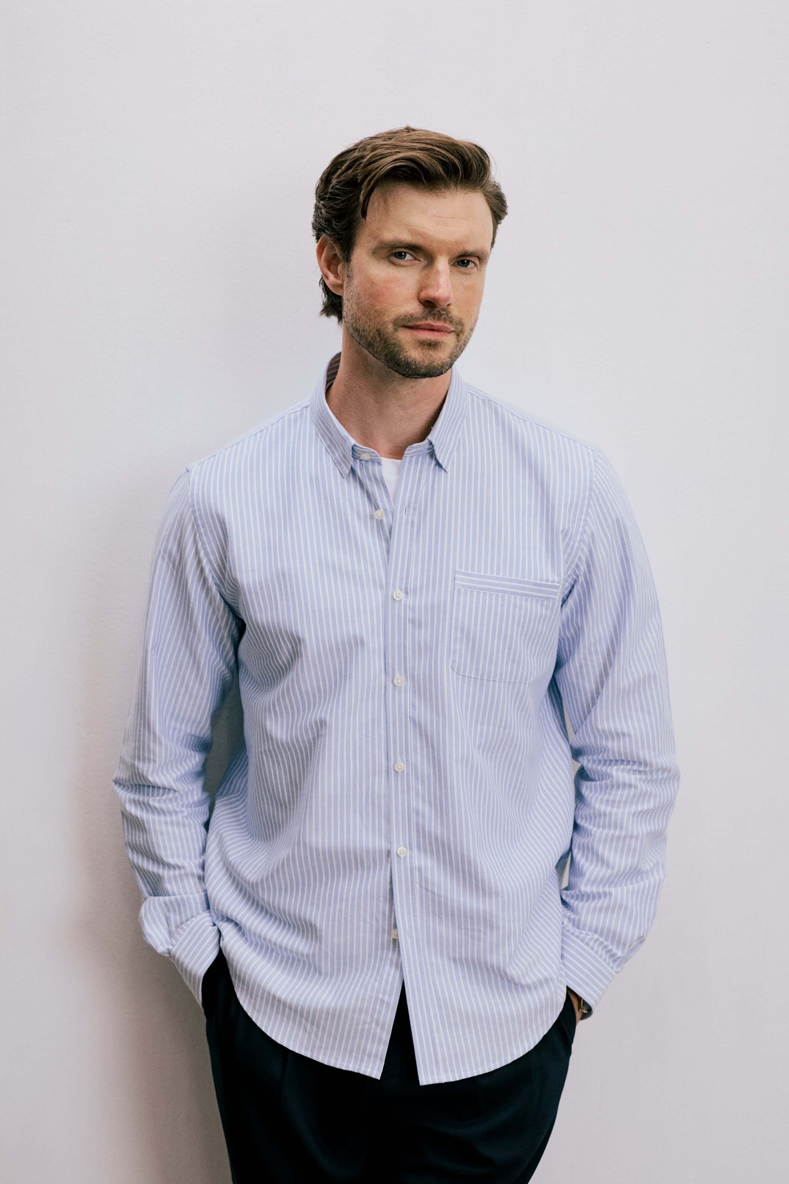 VARRO Keble Blue Stripe Oxford Shirt — Front view showcasing premium cotton, hidden button-down collar, and relaxed fit.