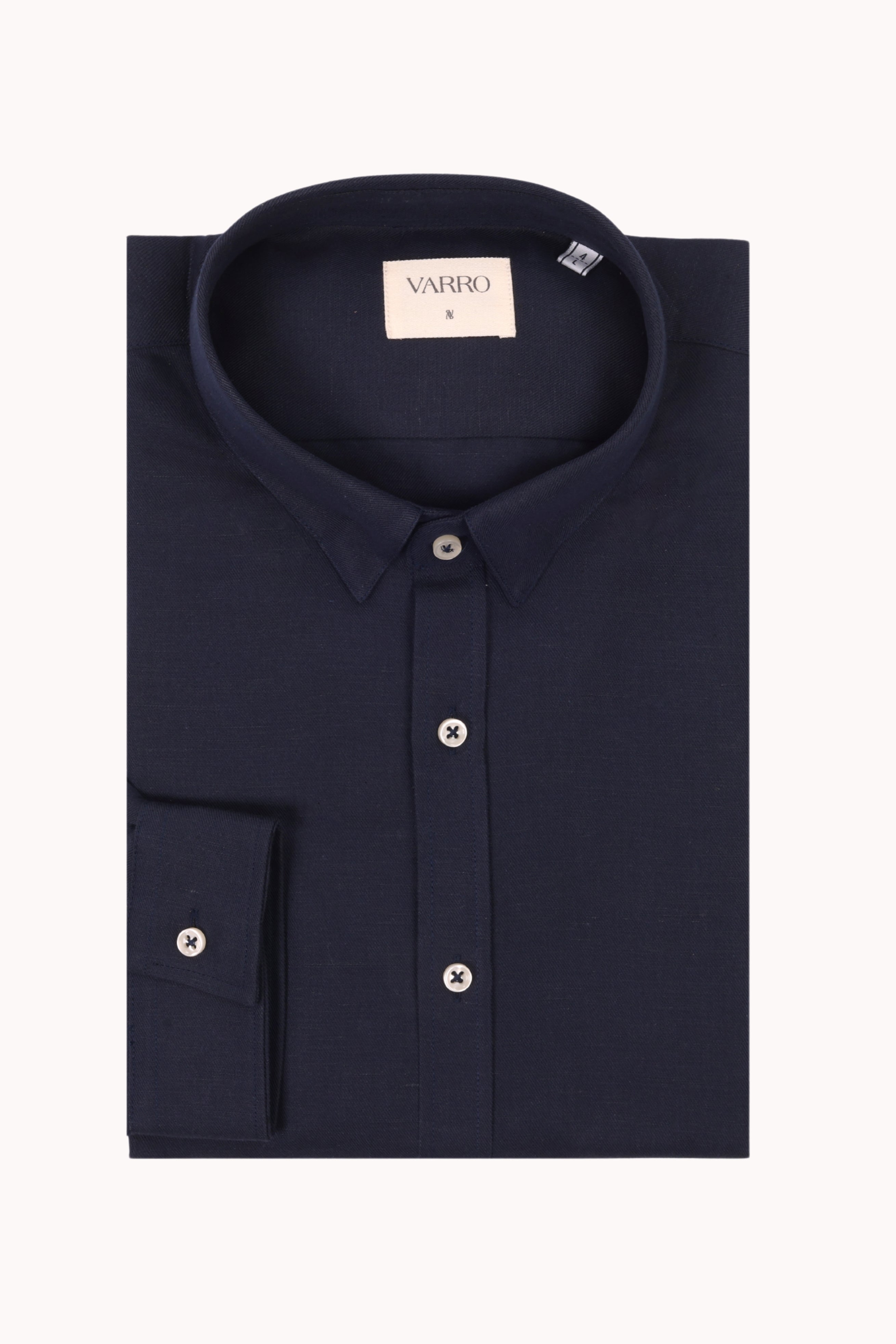 Front view of VARRO Evelyn Midnight Navy shirt, showcasing relaxed fit, hidden button-down collar, and hemp cotton merino blend.
