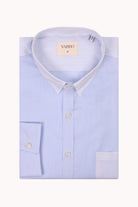 VARRO Rogers Sky Blue Patch Stripe Poplin Shirt — Front view showcasing contrast collar, patch pocket, and relaxed fit.