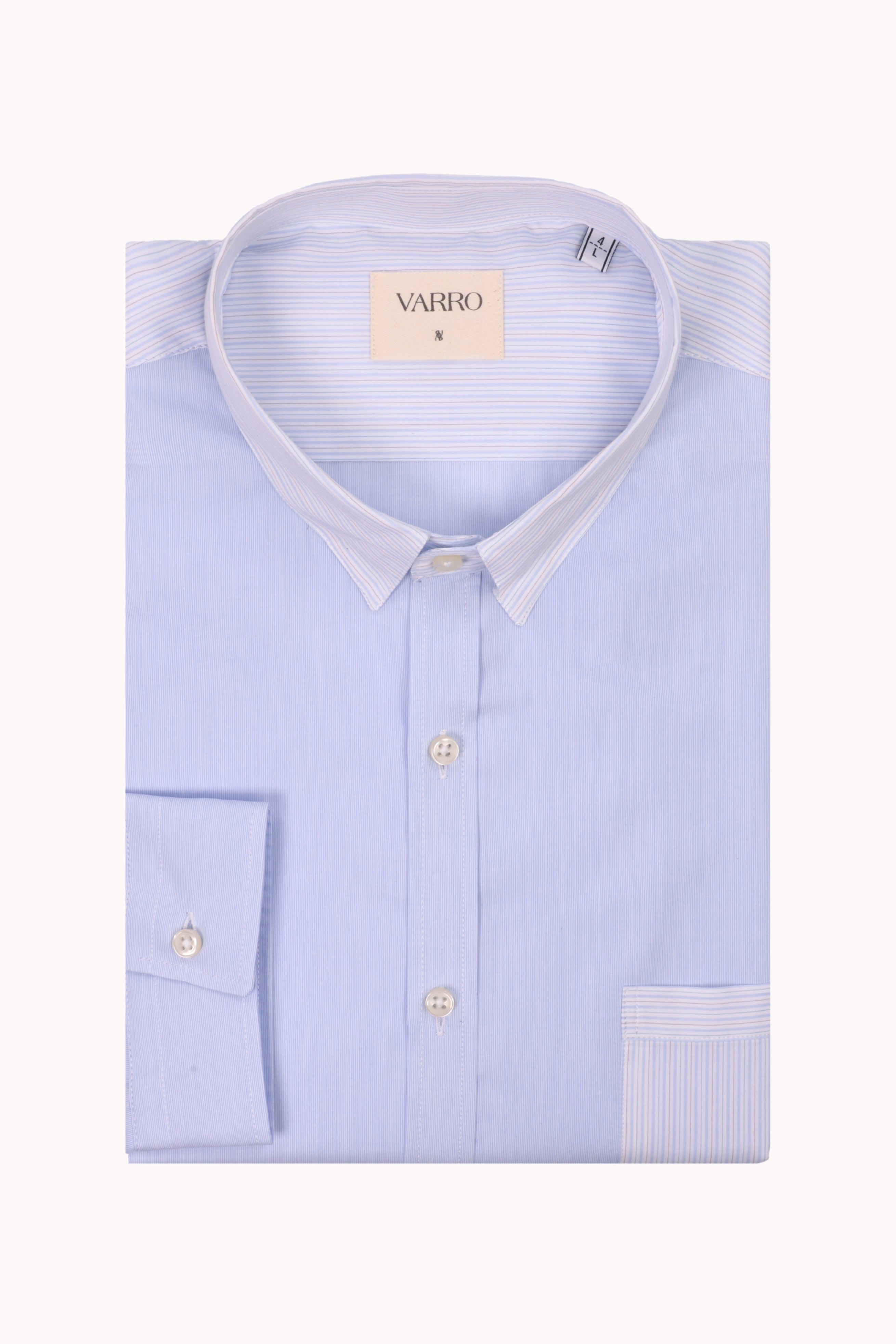 VARRO Rogers Sky Blue Patch Stripe Poplin Shirt — Front view showcasing contrast collar, patch pocket, and relaxed fit.