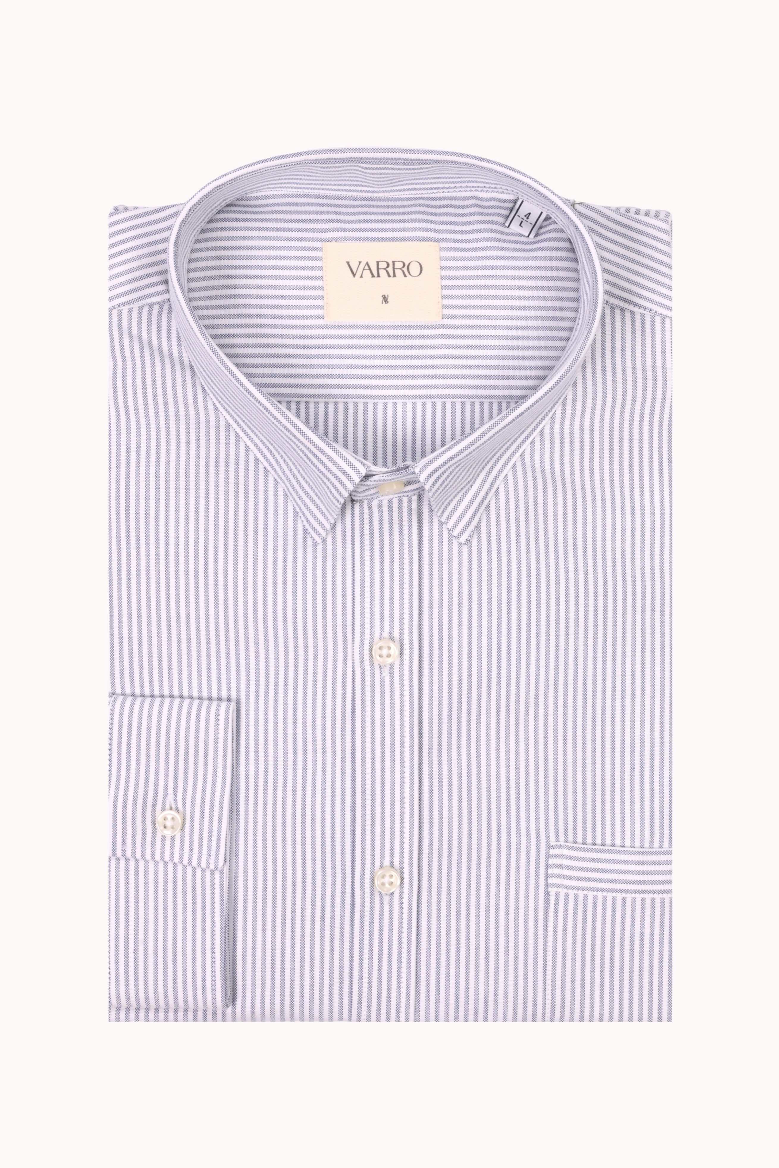 VARRO Keble Blue Stripe Oxford Shirt — Front view showcasing hidden button-down collar and fine vertical stripes.