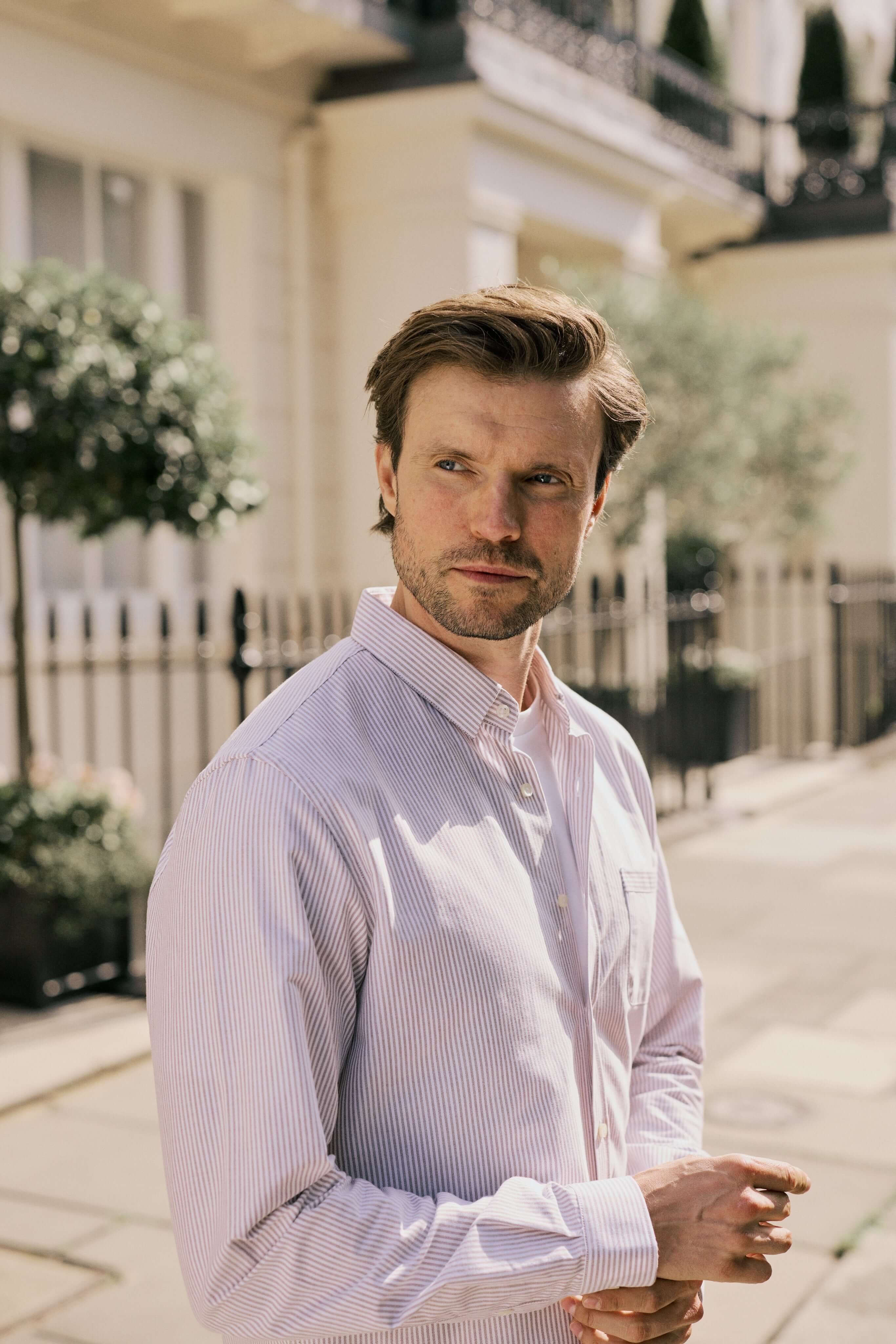VARRO Keble Blue Stripe Oxford Shirt — front view, relaxed fit, hidden button-down collar, long sleeves.