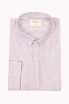 VARRO Keble Blue Stripe Oxford Shirt — folded view highlighting hidden button-down collar and premium cotton fabric.